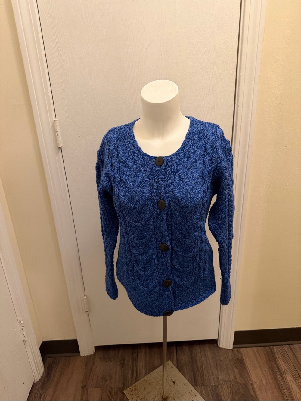 Vng Carraig Donn Merino Wool Cableknit Blue Cardigan Sweater Ireland Sz S